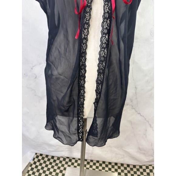 Vtg 90s Mesh Babydoll Robe XL Black Red Ribbon Rose Embroidery Gothic Romantic - Picture 10 of 14